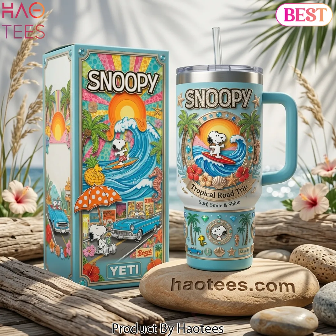 Snoopy Tropical Road Trip 40oz Insulated Tumbler With Handle Snoopy Tropical Road Trip 40oz Insulated Tumbler With Handle