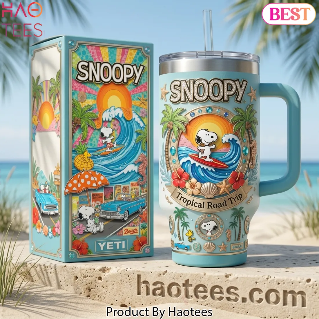 Snoopy Tropical Road Trip 40oz Insulated Tumbler With Handle Snoopy Tropical Road Trip 40oz Insulated Tumbler With Handle