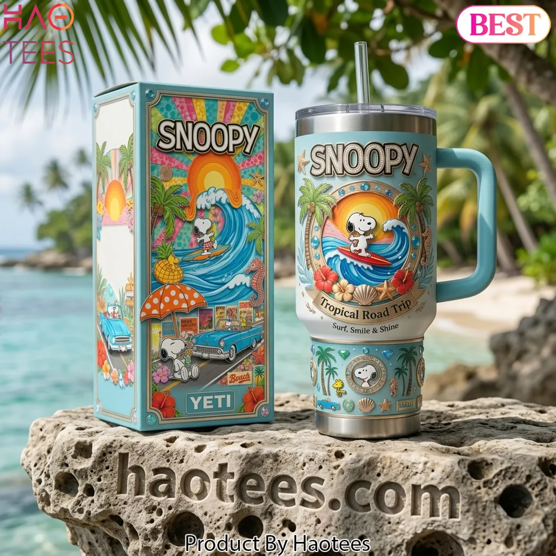 Snoopy Tropical Road Trip 40oz Insulated Tumbler With Handle