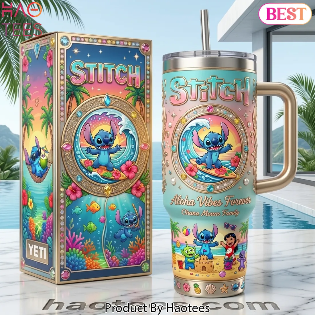 Stitch Aloha Vibes Ohana Means Family Premium 40oz Tumbler With Handle
