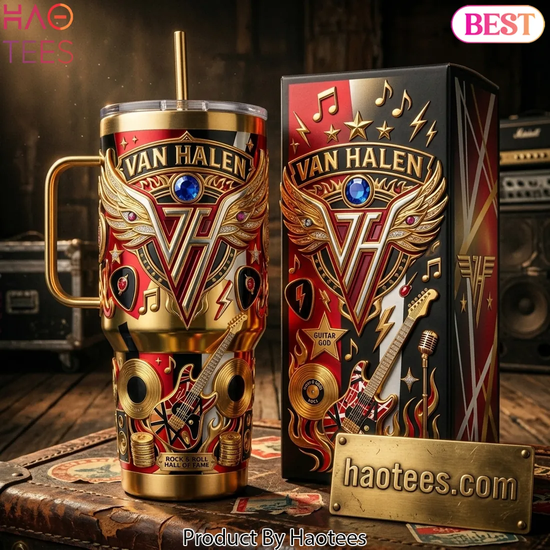 Van Halen Rock and Roll Hall of Fame Gold 3D Embossed 40oz Tumbler With Handle