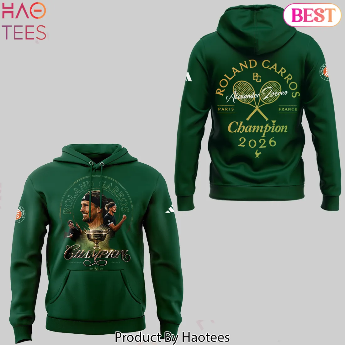 Alexander Zverev Roland Garros Champion 2026 Commemorative Green Hoodie Alexander Zverev Roland Garros Champion 2026 Commemorative Green Hoodie