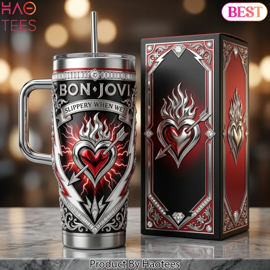 Bon Jovi Slippery When Wet Heart Flames 40oz Tumbler Bon Jovi Slippery When Wet Heart Flames 40oz Tumbler