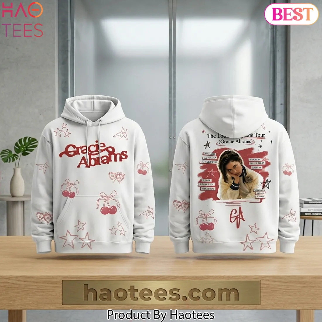 Gracie Abrams The Look At My Life Tour Cherry Stars White Hoodie