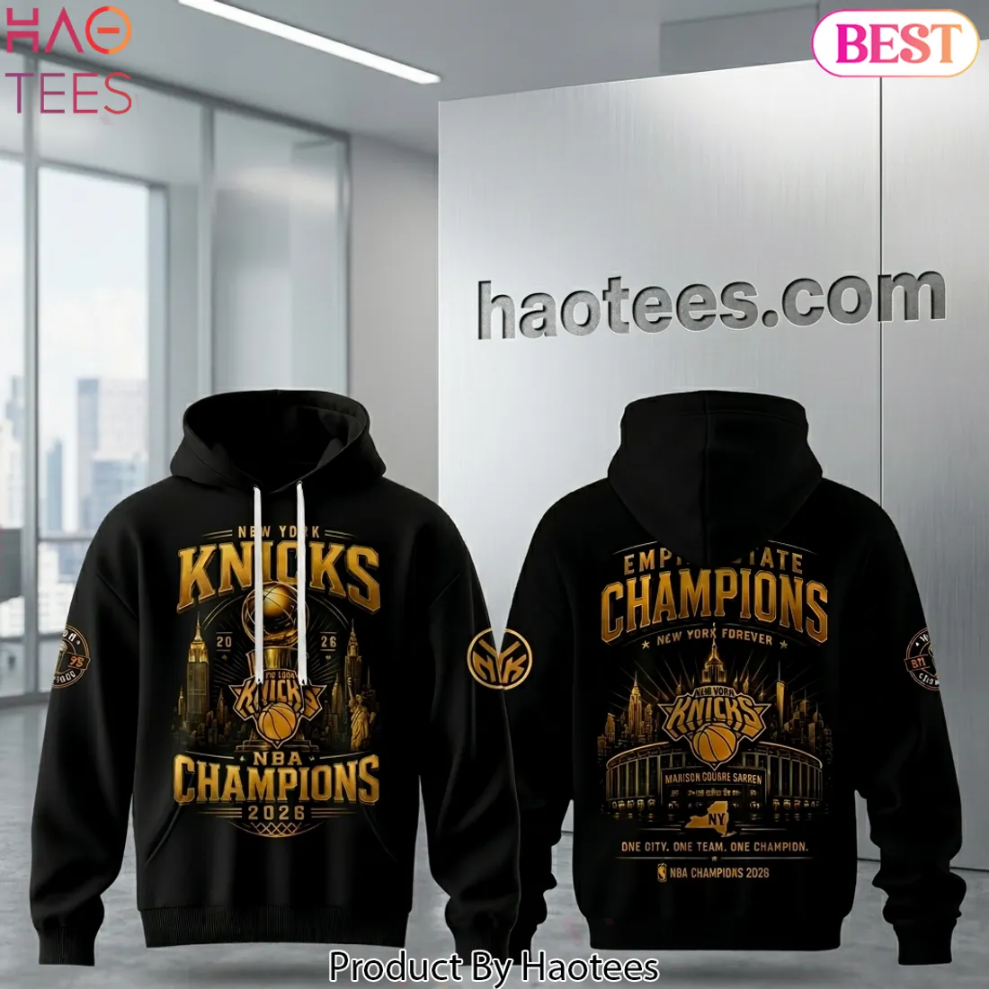 New York Knicks 2026 NBA Champions Commemorative Gold Graphic Hoodie New York Knicks 2026 NBA Champions Commemorative Gold Graphic Hoodie