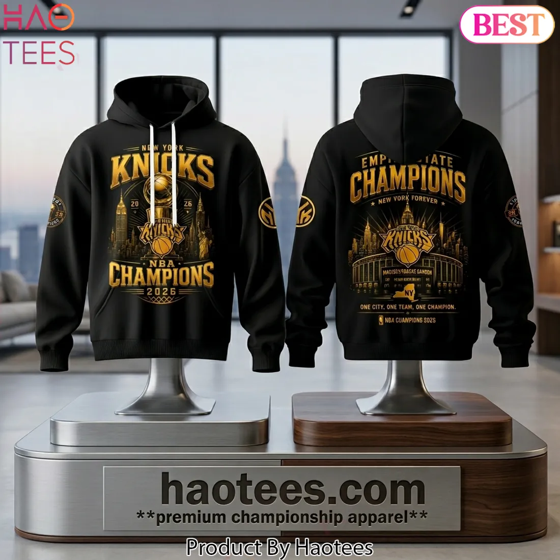 New York Knicks 2026 NBA Champions Commemorative Gold Graphic Hoodie New York Knicks 2026 NBA Champions Commemorative Gold Graphic Hoodie