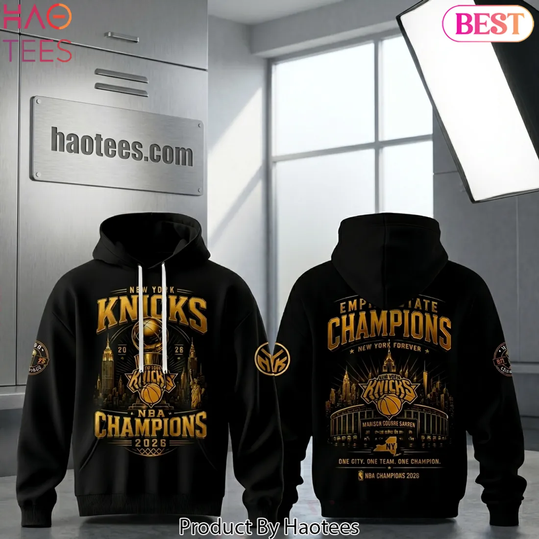 New York Knicks 2026 NBA Champions Commemorative Gold Graphic Hoodie New York Knicks 2026 NBA Champions Commemorative Gold Graphic Hoodie
