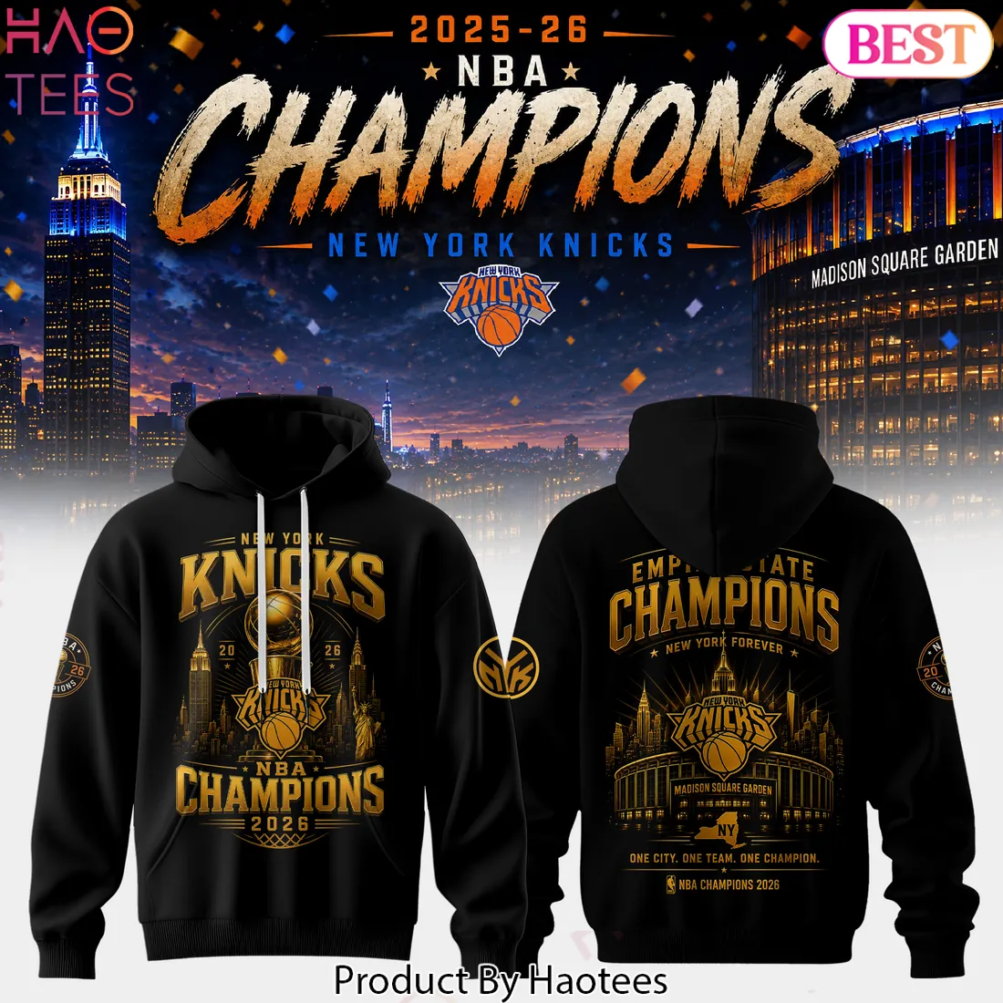 New York Knicks 2026 NBA Champions Commemorative Gold Graphic Hoodie New York Knicks 2026 NBA Champions Commemorative Gold Graphic Hoodie