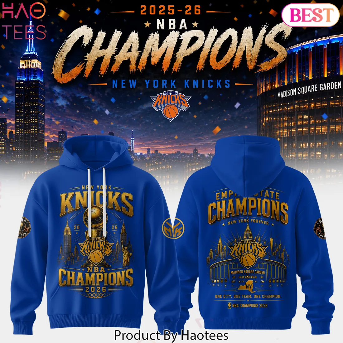 New York Knicks 2026 NBA Champions Commemorative Gold Graphic Pullover Hoodie New York Knicks 2026 NBA Champions Commemorative Gold Graphic Pullover Hoodie