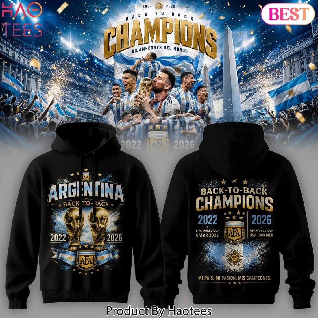 Argentina Back-To-Back World Cup 2022 2026 Champions Hoodie Argentina Back-To-Back World Cup 2022 2026 Champions Hoodie