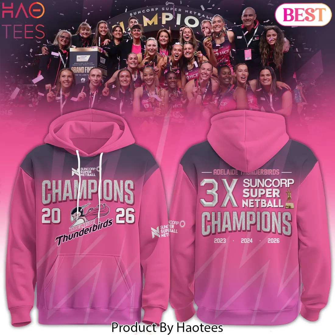 Adelaide Thunderbirds 2026 Suncorp Super Netball Champions Pink Pullover Hoodie Adelaide Thunderbirds 2026 Suncorp Super Netball Champions Pink Pullover Hoodie