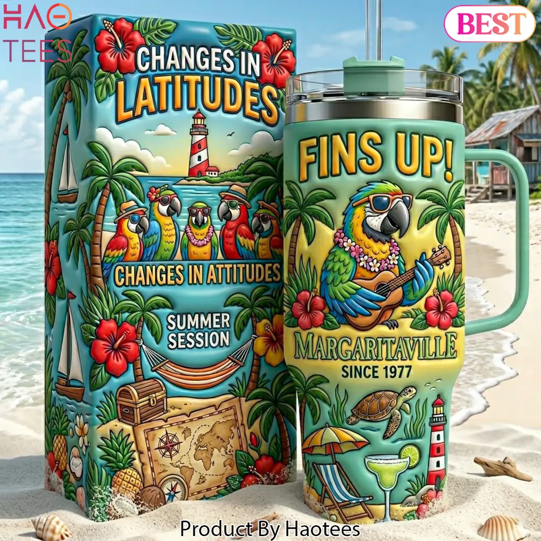 Margaritaville Fins Up Tropical Beach 3D Handle Tumbler Margaritaville Fins Up Tropical Beach 3D Handle Tumbler