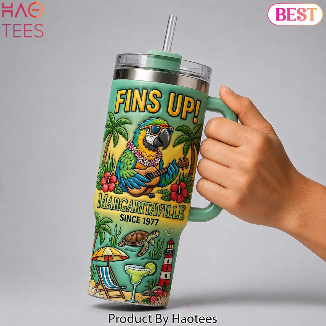 Margaritaville Fins Up Tropical Beach 3D Handle Tumbler Margaritaville Fins Up Tropical Beach 3D Handle Tumbler