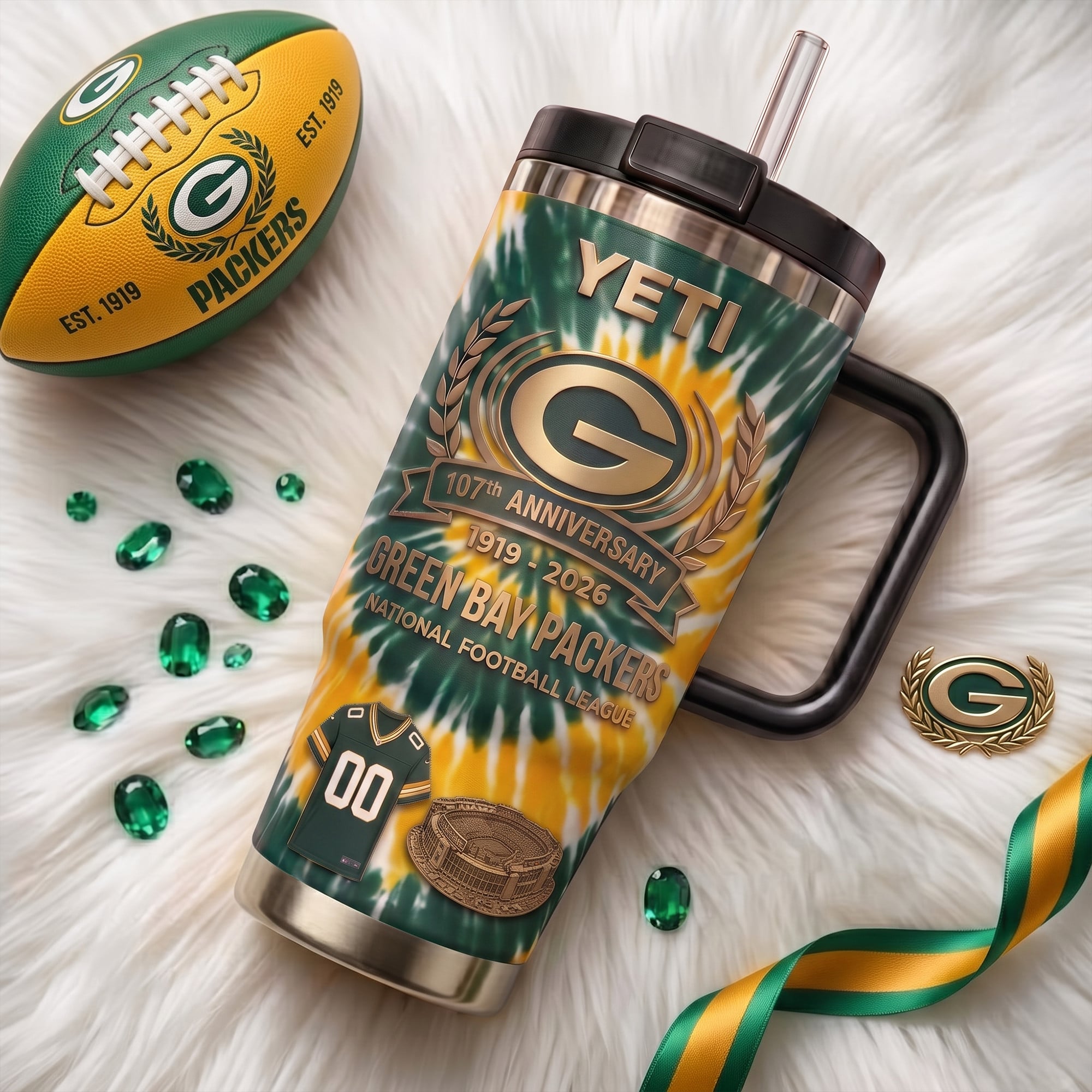 Green Bay Packers 107th Anniversary Tie Dye Handle Tumbler Green Bay Packers 107th Anniversary Tie Dye Handle Tumbler