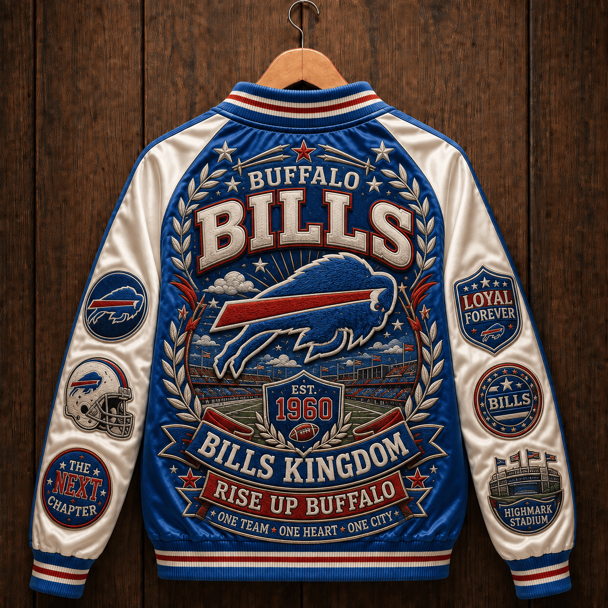 Front view of the Buffalo Bills Premium Satin Baseball Jacket showing its glossy blue finish