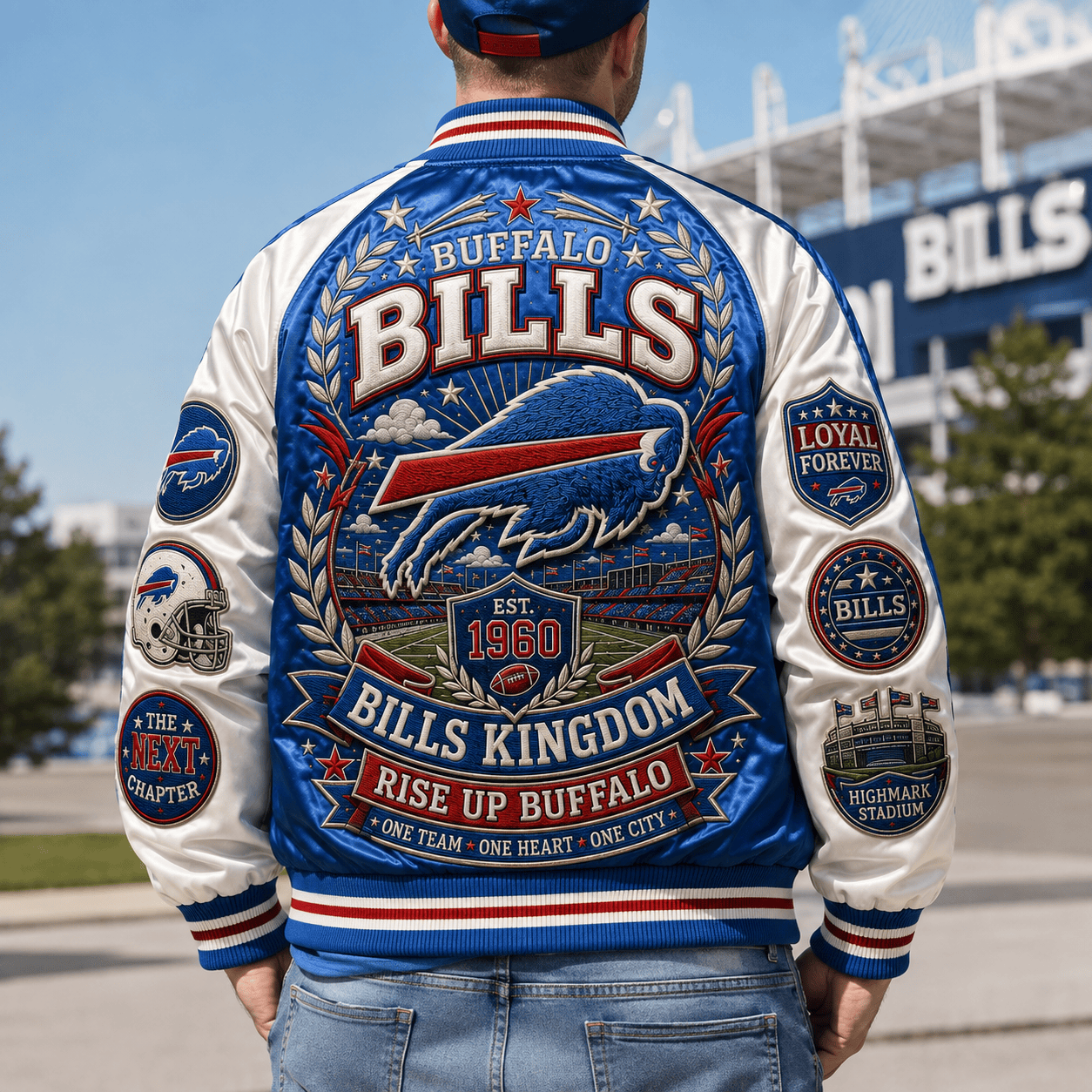 Model wearing the Buffalo Bills streetwear jacket in an urban city setting
