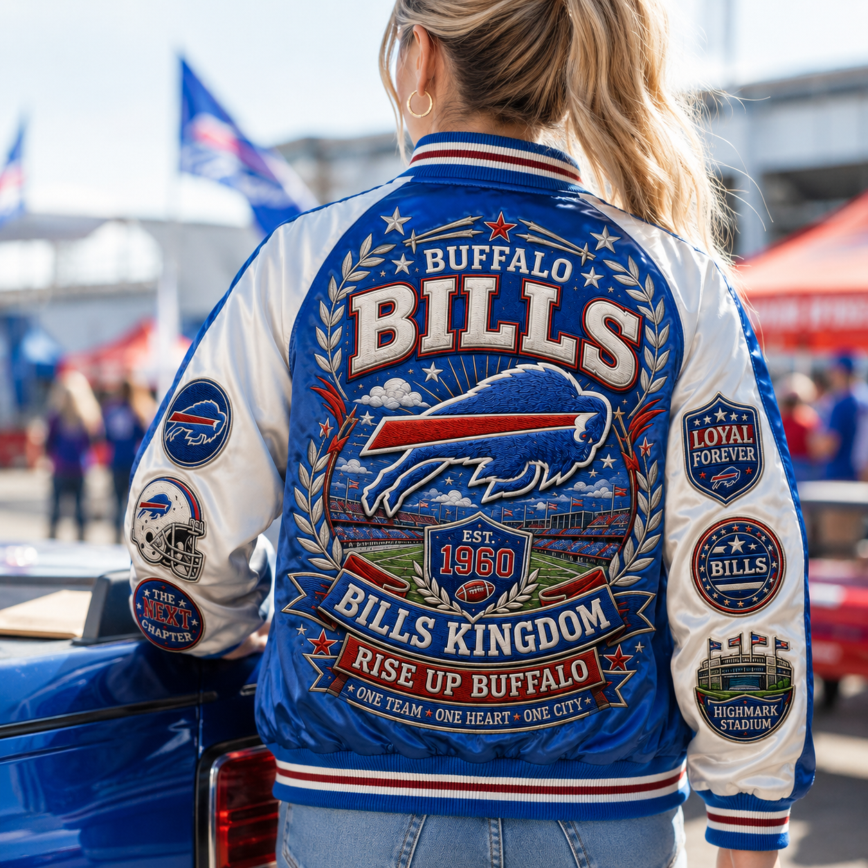 Close-up detail of the durable snap-button closure on the Bills jacket