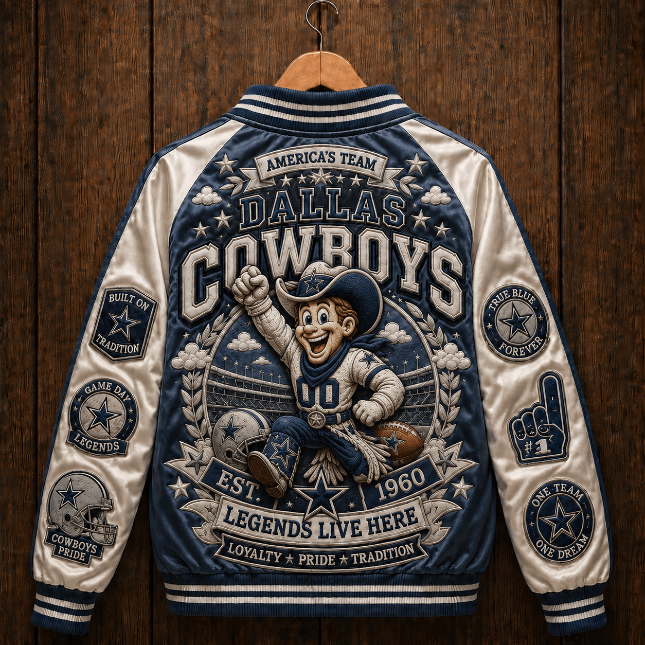 Front view of the Dallas Cowboys Premium Satin Baseball Jacket showing its glossy navy finish