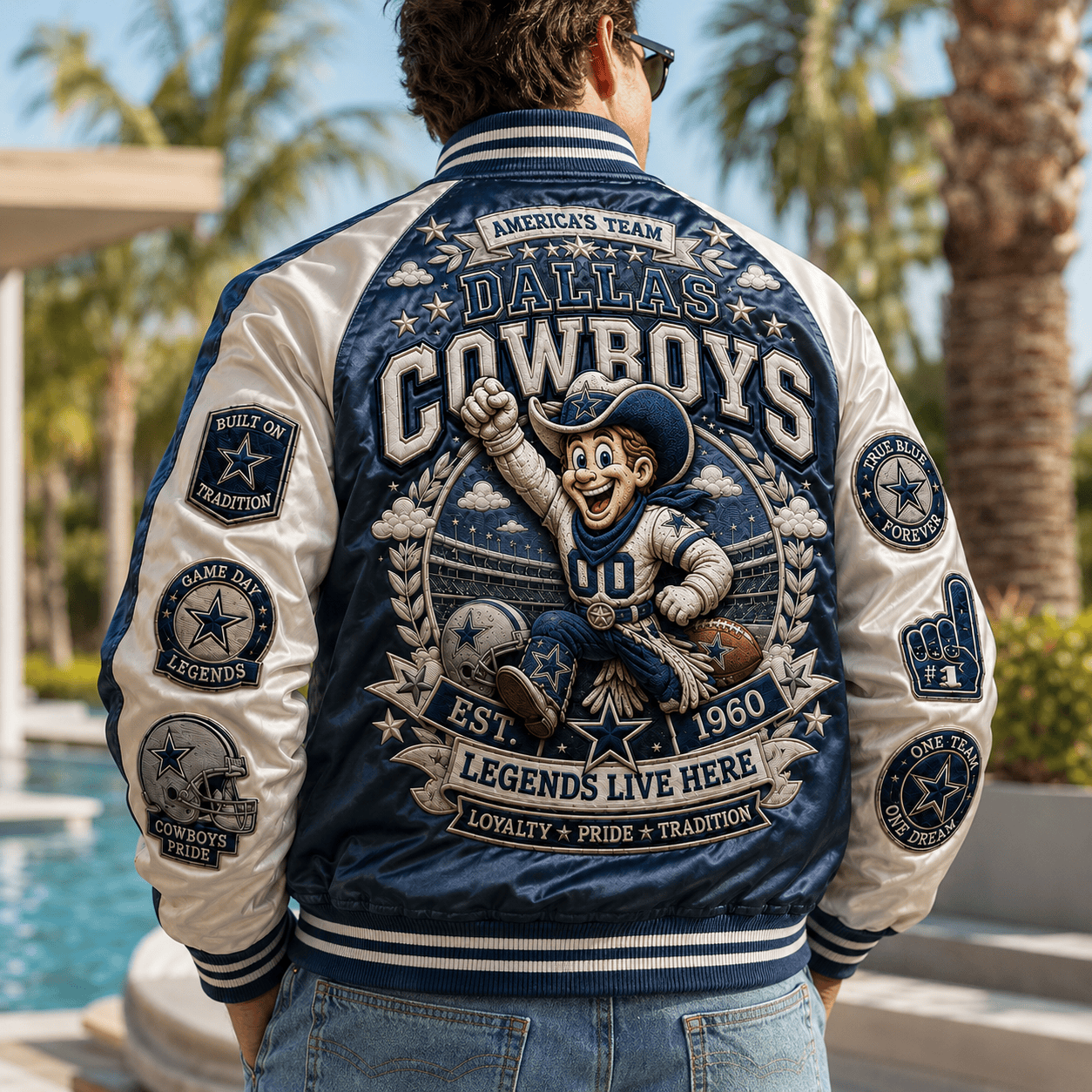 Model wearing the Dallas Cowboys streetwear jacket in an urban city setting
