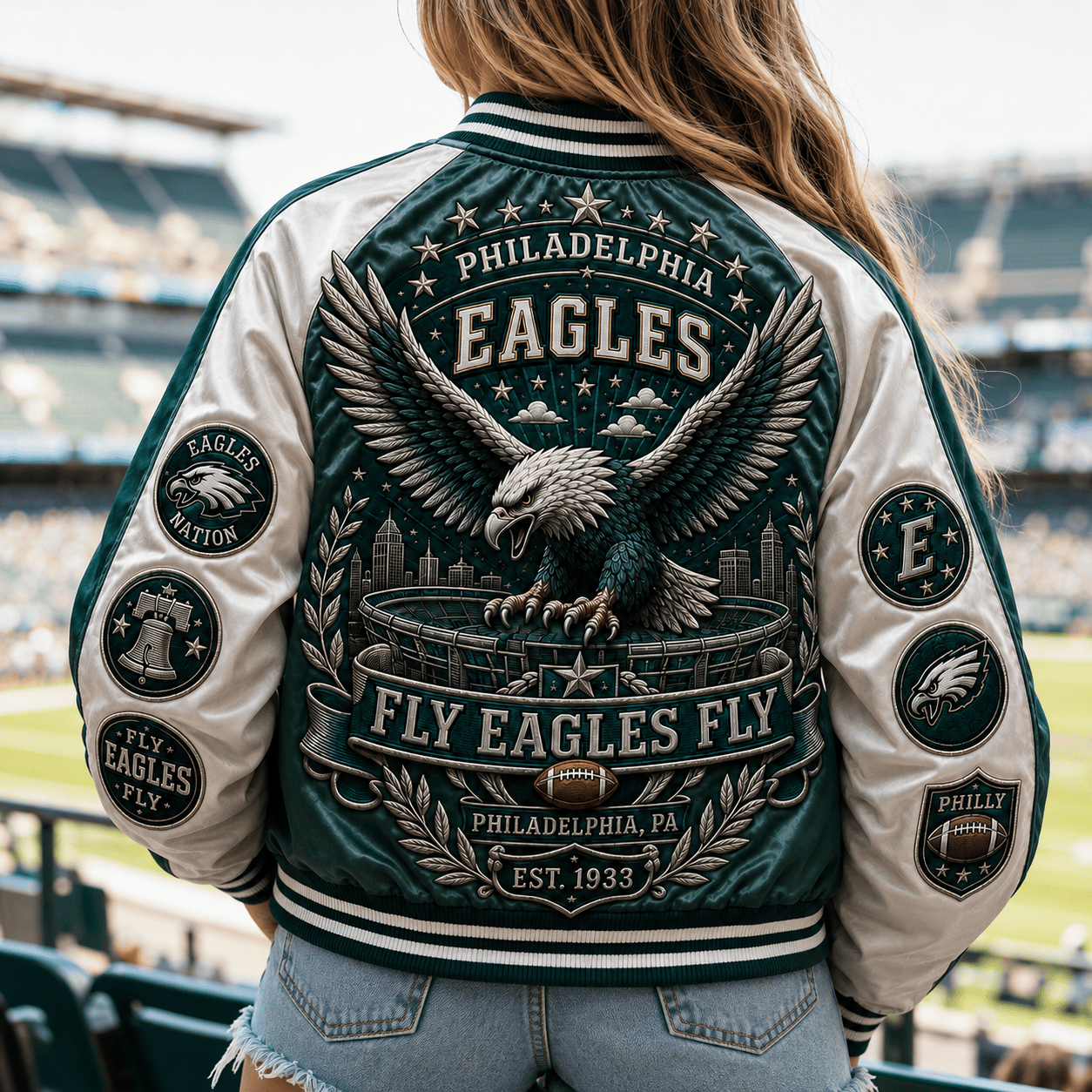 Model wearing the Philadelphia Eagles streetwear jacket in an urban city setting