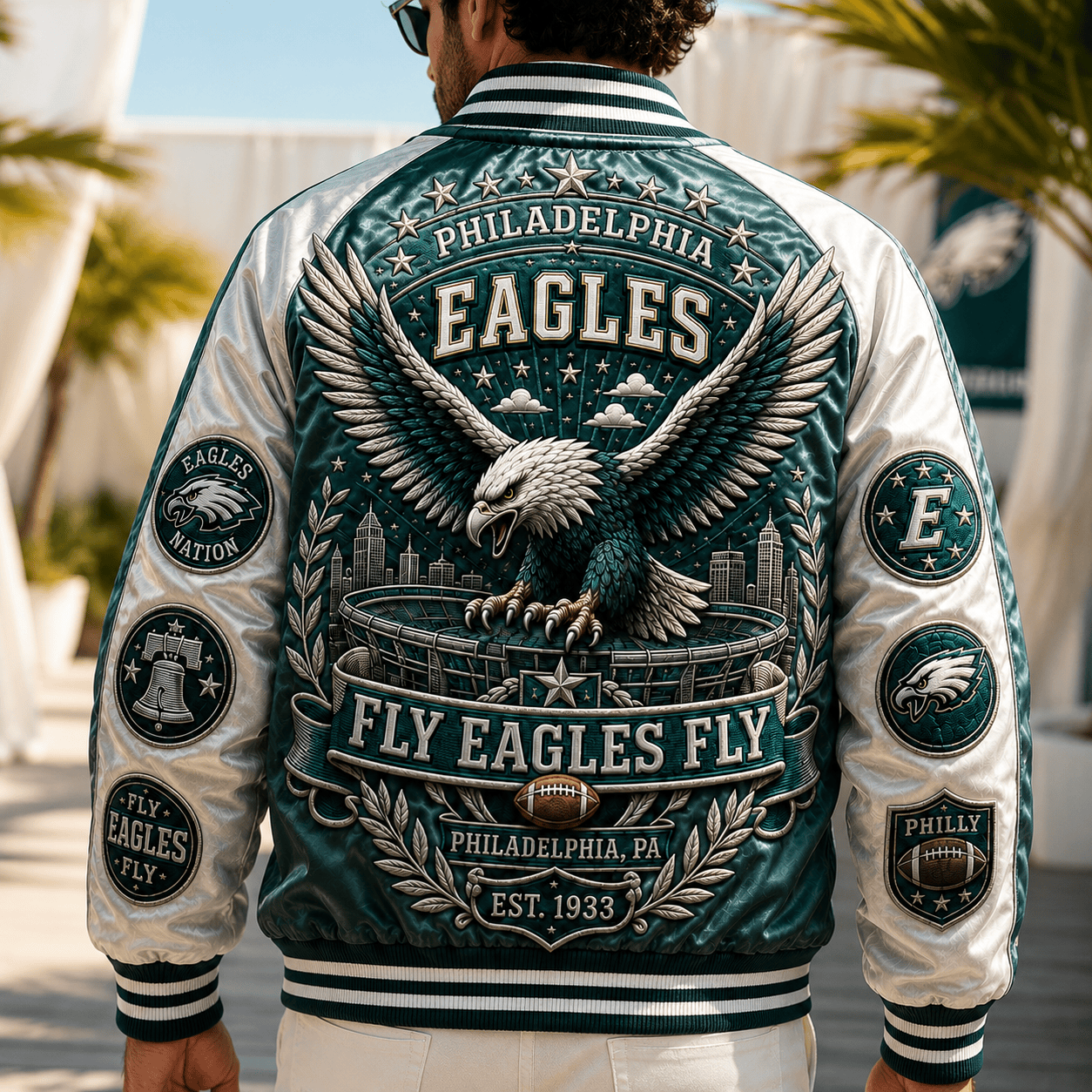 Close-up detail of the durable snap-button closure on the Eagles jacket