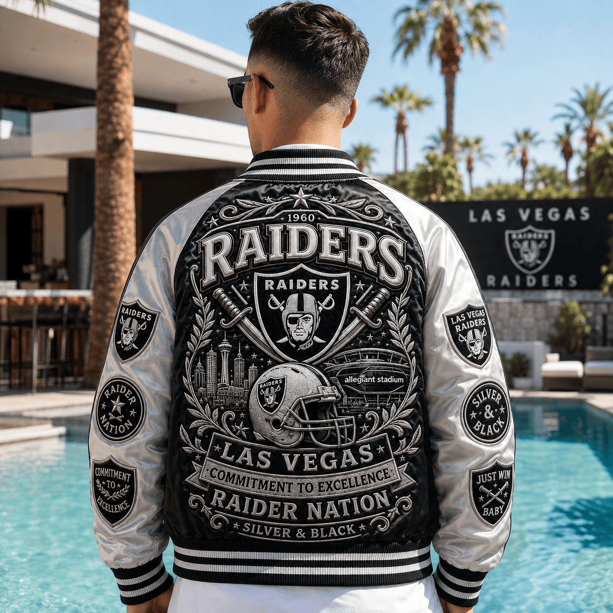 Model wearing the Raiders streetwear jacket in an urban city setting