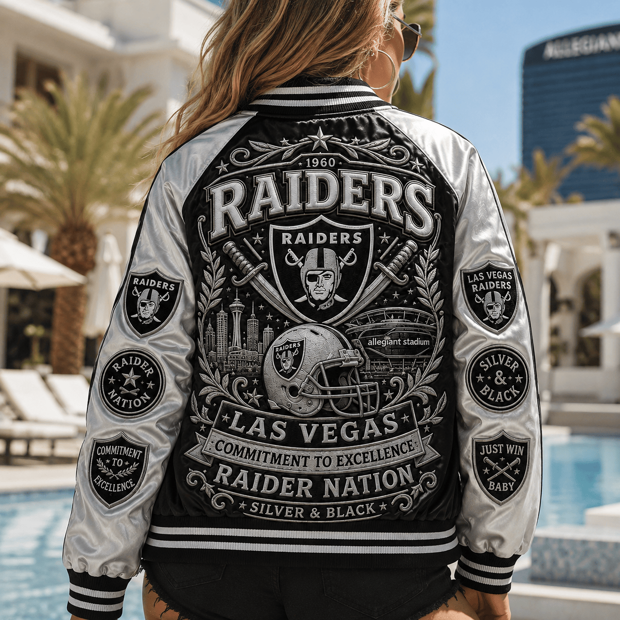 Close-up detail of the durable snap-button closure on the Raiders jacket