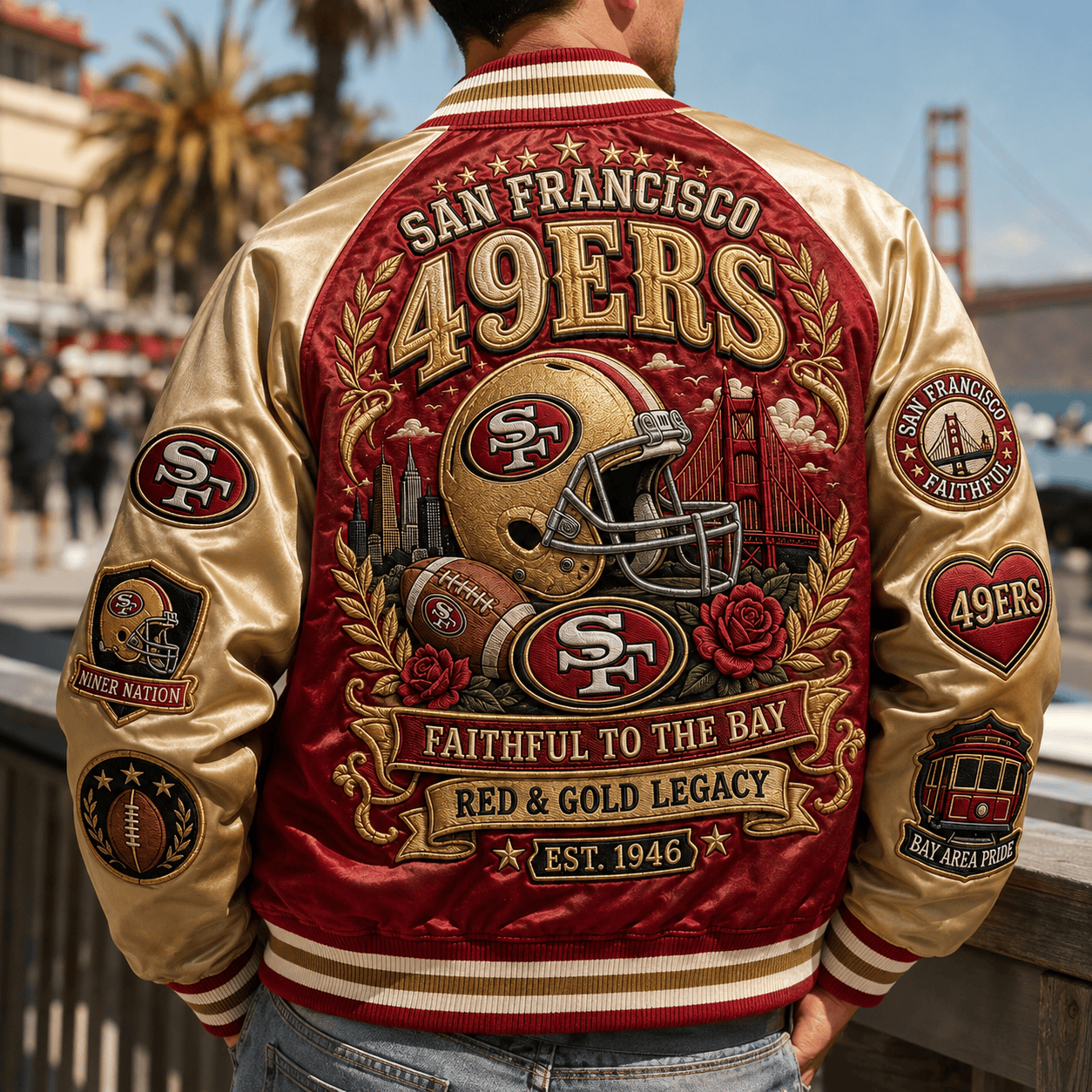 Model wearing the 49ers streetwear jacket in an urban city setting
