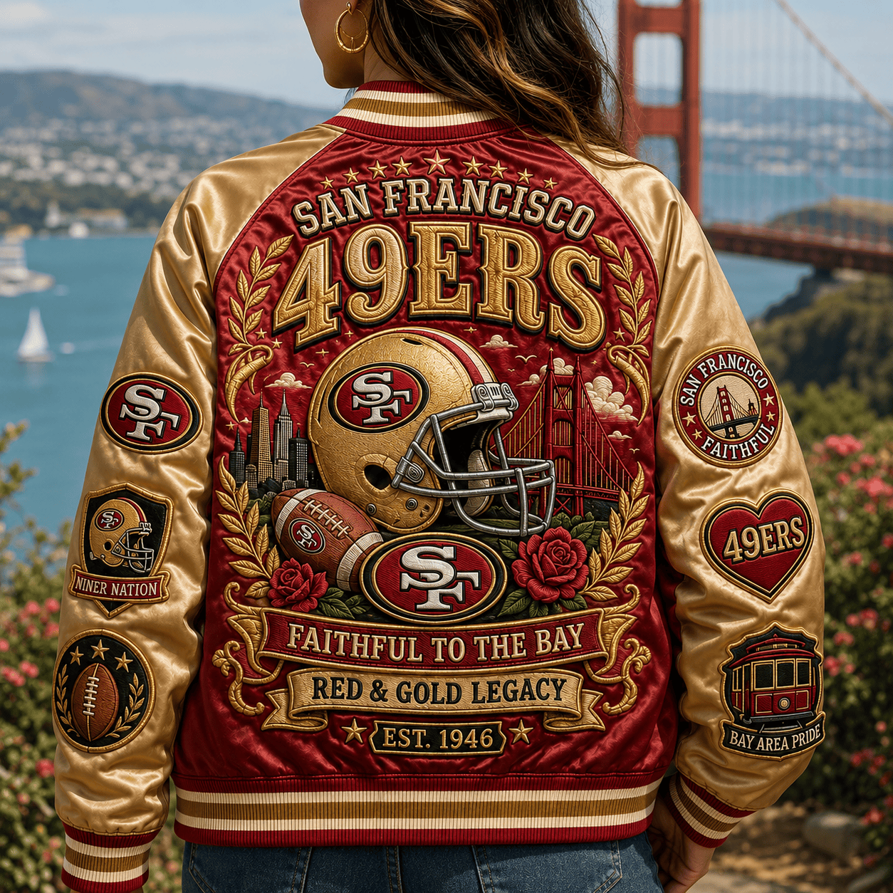 Close-up detail of the durable snap-button closure on the 49ers jacket