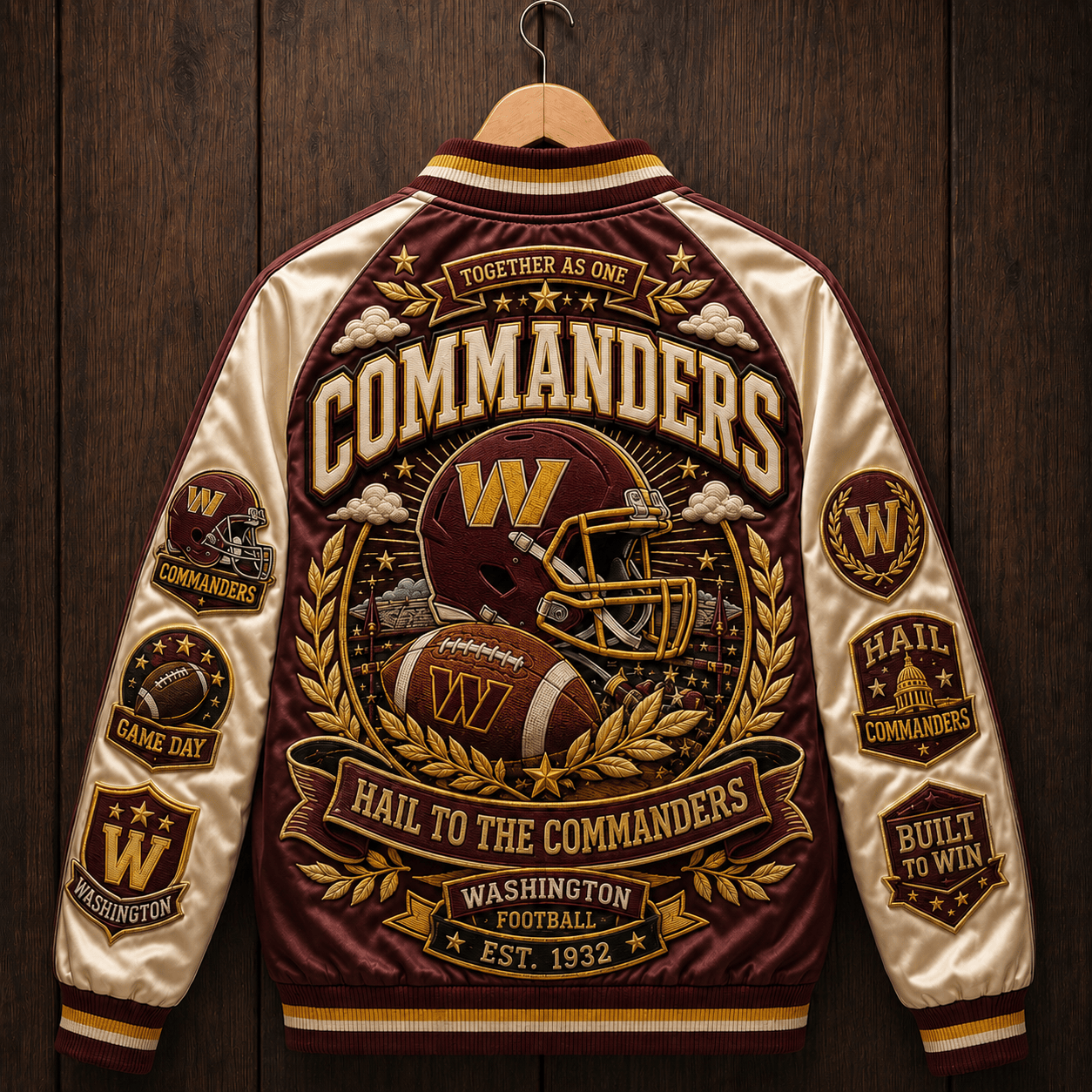 Front view of the Washington Commanders Premium Satin Baseball Jacket showing its glossy burgundy finish