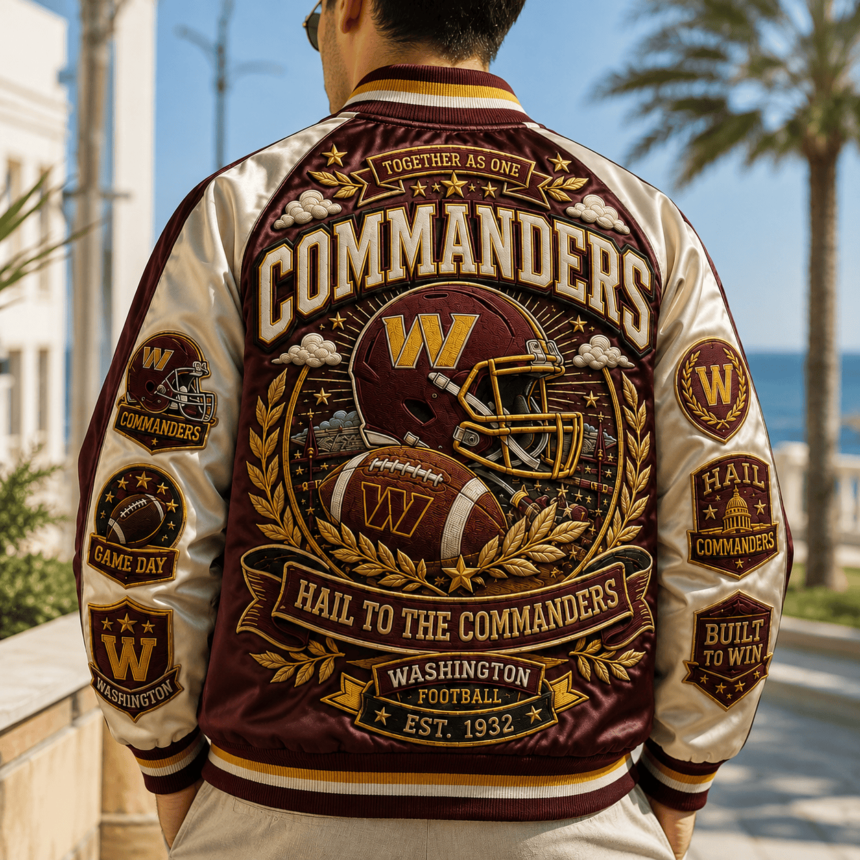 Close-up detail of the durable snap-button closure on the Commanders jacket