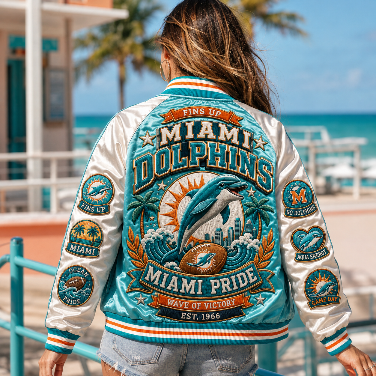 Close-up detail of the durable snap-button closure on the Dolphins jacket