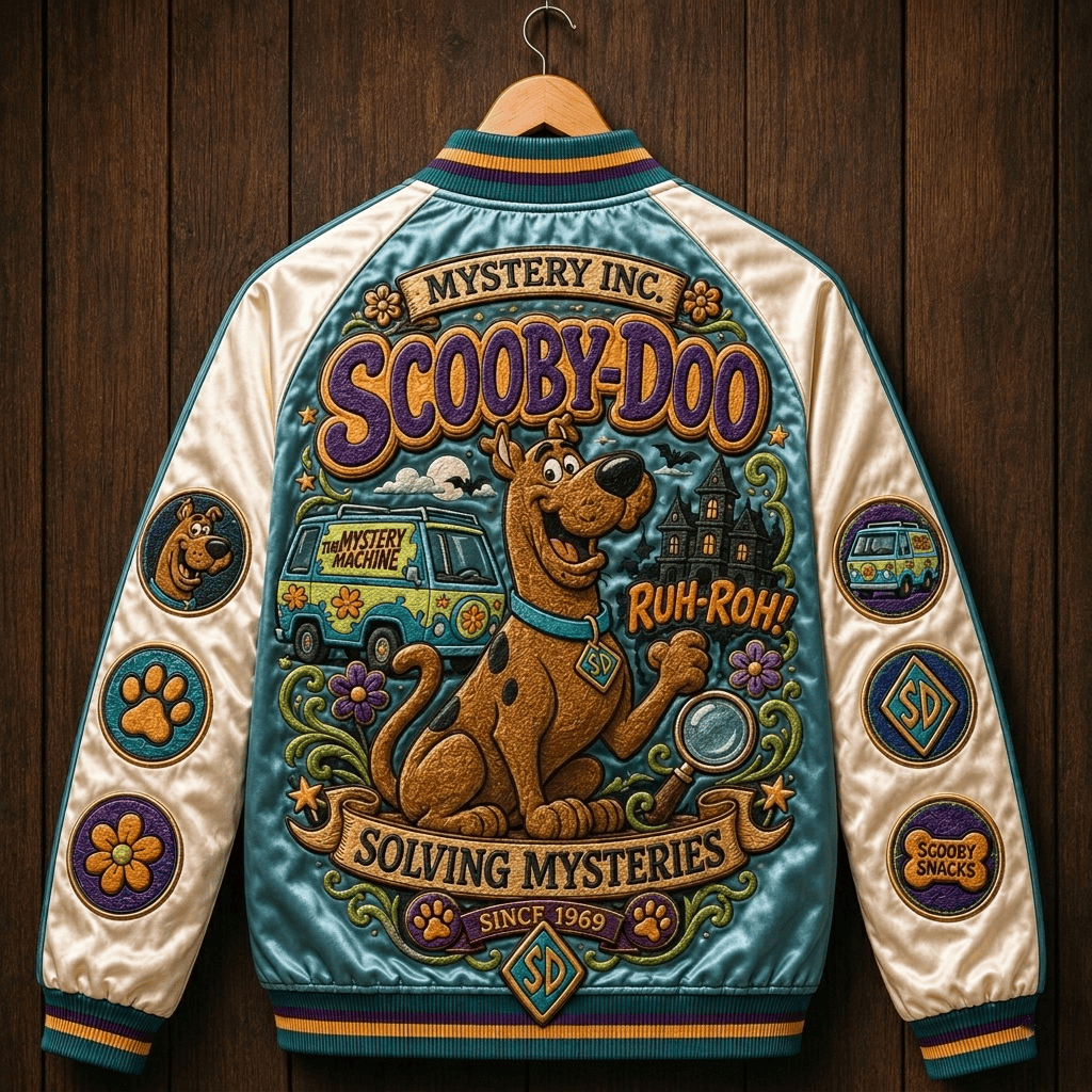 Front view of the SCBD Streetwear Premium Satin Baseball Jacket showing its glossy finish