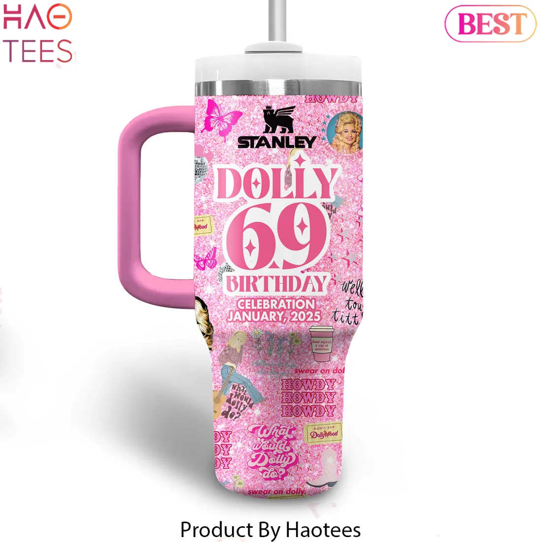 Dolly Parton 69th Birthday Pink Glitter Handle Tumbler Dolly Parton 69th Birthday Pink Glitter Handle Tumbler