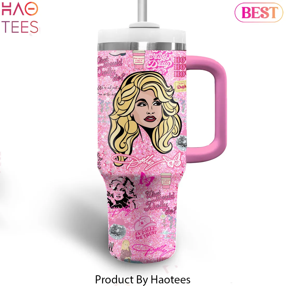 Dolly Parton 69th Birthday Pink Glitter Handle Tumbler Dolly Parton 69th Birthday Pink Glitter Handle Tumbler