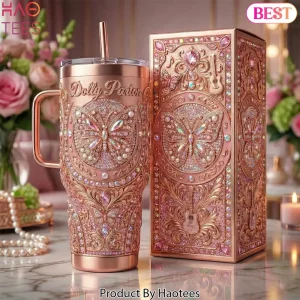 Dolly Parton Rose Gold Butterfly Rhinestone Handle Tumbler