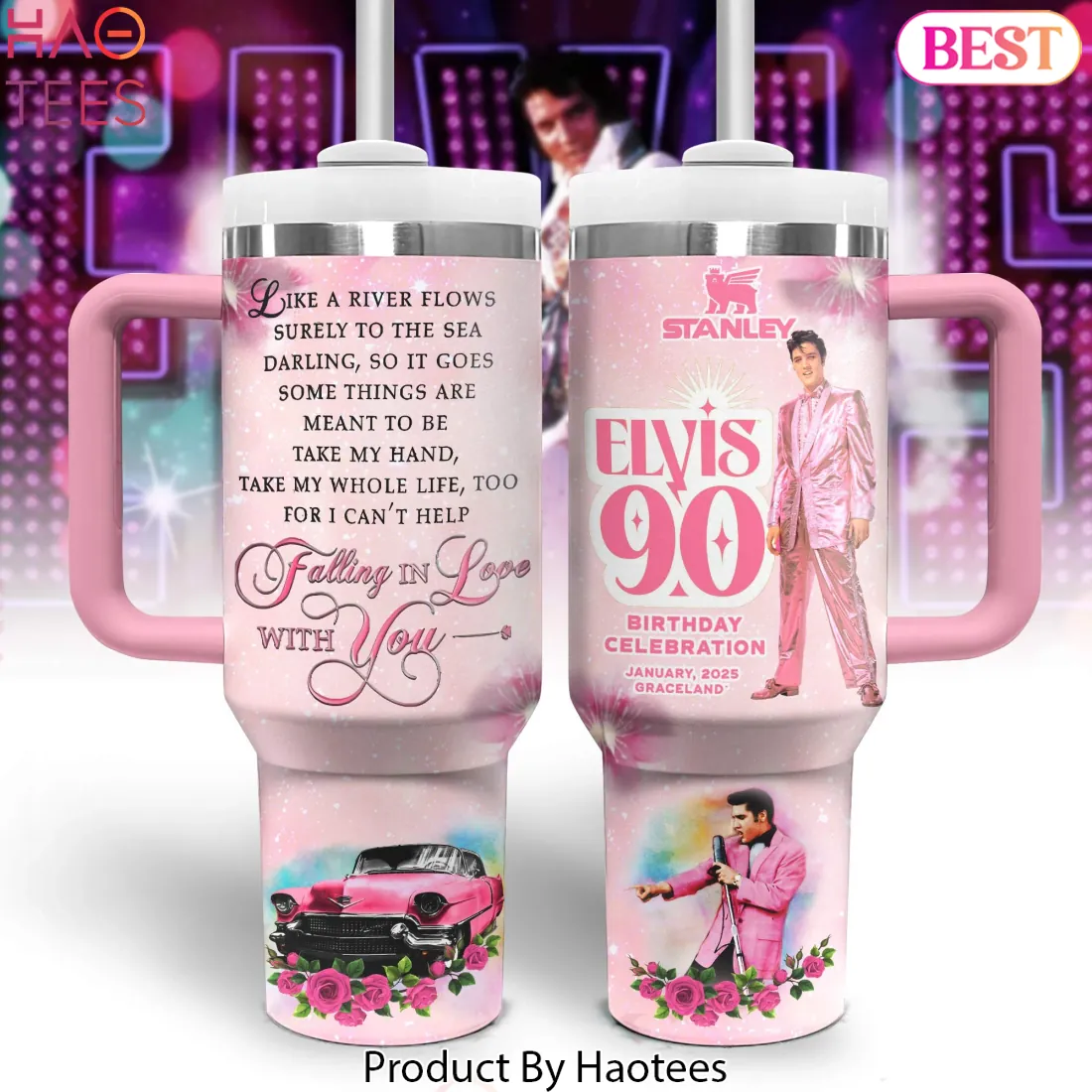 Elvis Presley 90th Birthday Celebration Pink Stanley Tumbler Elvis Presley 90th Birthday Celebration Pink Stanley Tumbler