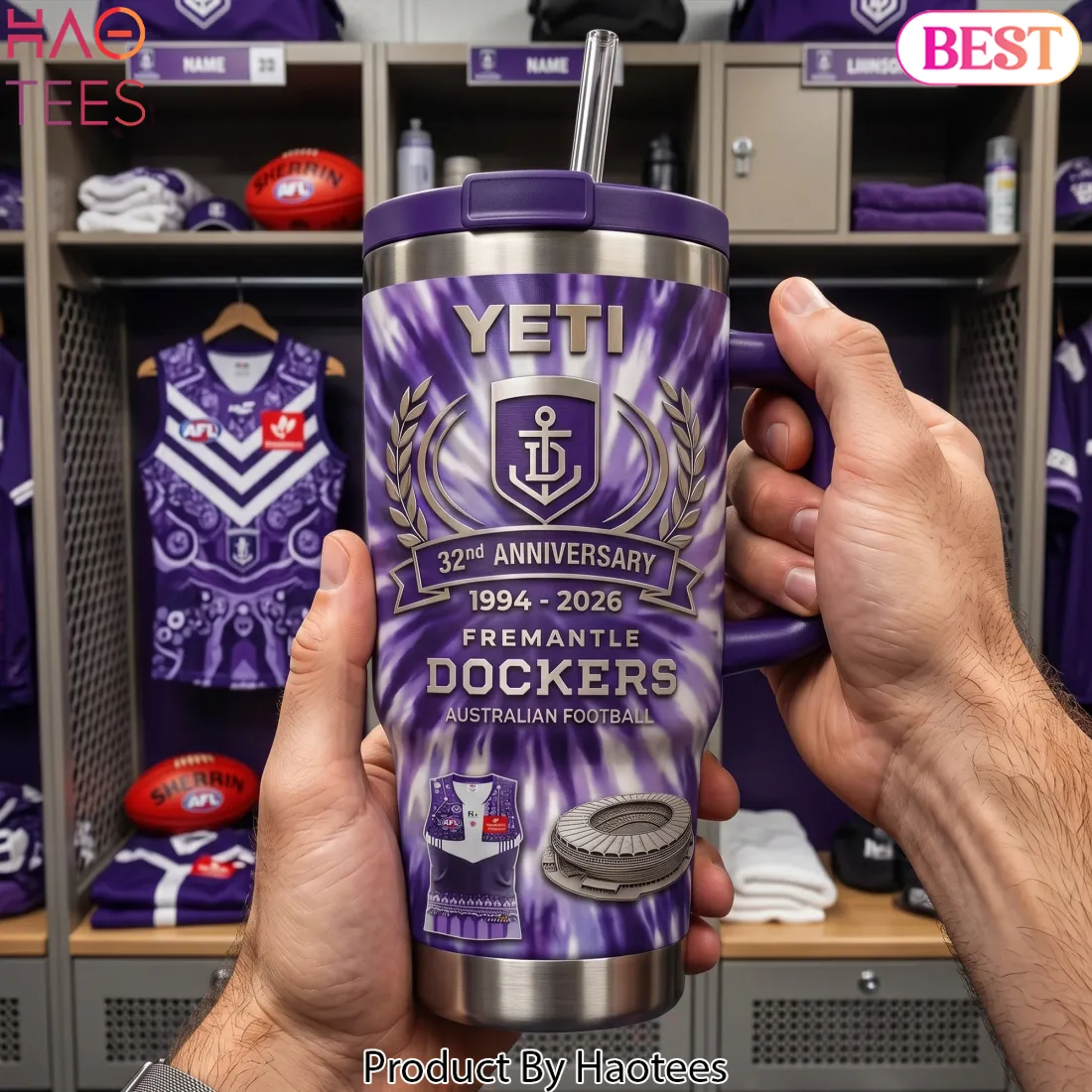 Fremantle Dockers 32nd Anniversary 1994-2026 Tie Dye Handle Tumbler Fremantle Dockers 32nd Anniversary 1994-2026 Tie Dye Handle Tumbler