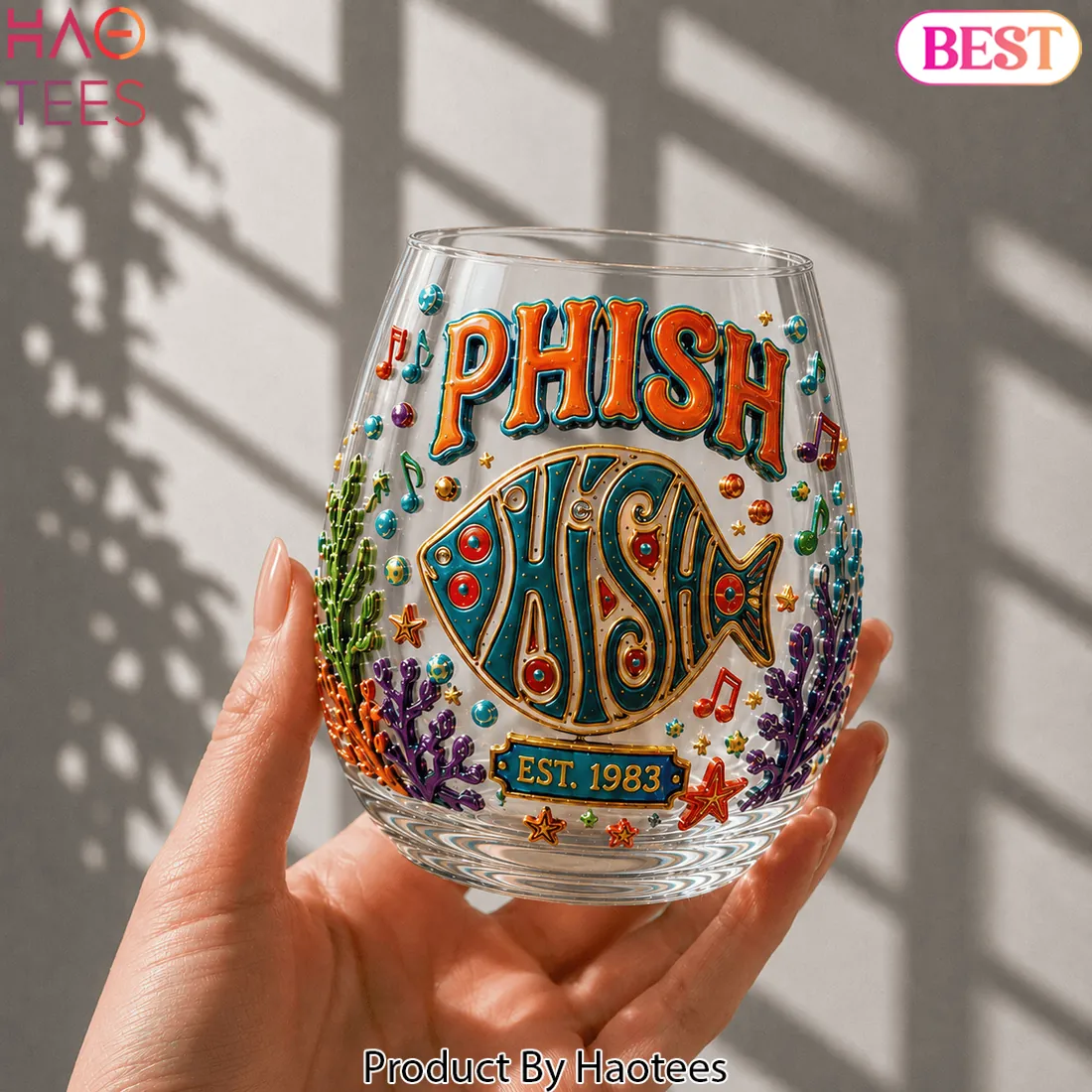 Phish Est 1983 Psychedelic Fish 3D Embossed Stemless Whiskey Glass Phish Est 1983 Psychedelic Fish 3D Embossed Stemless Whiskey Glass