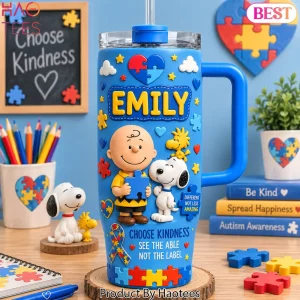 Autism Awareness Puppy & Friends Tumbler – Red Doghouse Travel Tumbler with Handle