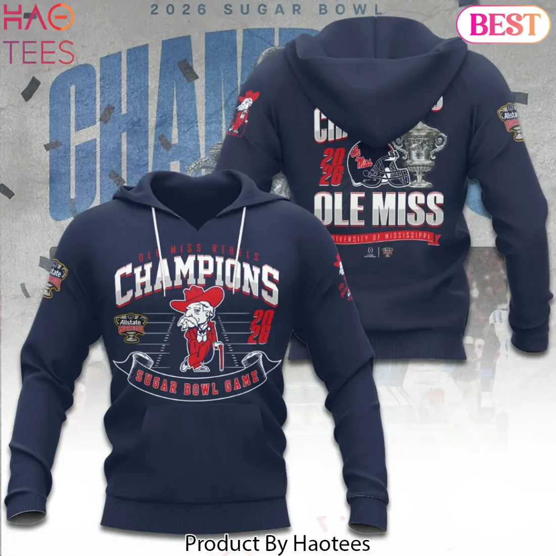 Ole Miss Rebels 2026 Sugar Bowl Champions Commemorative Navy Pullover Hoodie Ole Miss Rebels 2026 Sugar Bowl Champions Commemorative Navy Pullover Hoodie