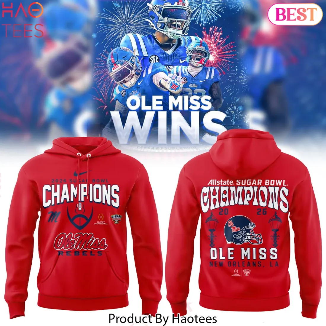 Ole Miss Rebels 2026 Sugar Bowl Champions Commemorative Red Hoodie Ole Miss Rebels 2026 Sugar Bowl Champions Commemorative Red Hoodie
