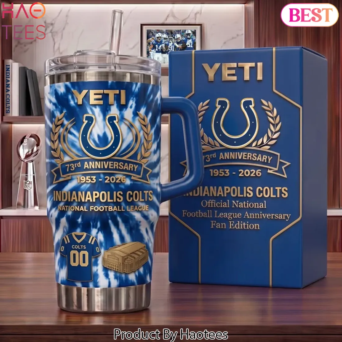 Indianapolis Colts 73rd Anniversary 1953 to 2026 Tie Dye Stainless Steel Handle Tumbler Indianapolis Colts 73rd Anniversary 1953 to 2026 Tie Dye Stainless Steel Handle Tumbler
