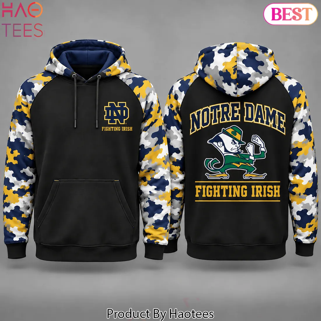 Notre Dame Fighting Irish Leprechaun Mascot Camouflage Pullover Hoodie Notre Dame Fighting Irish Leprechaun Mascot Camouflage Pullover Hoodie