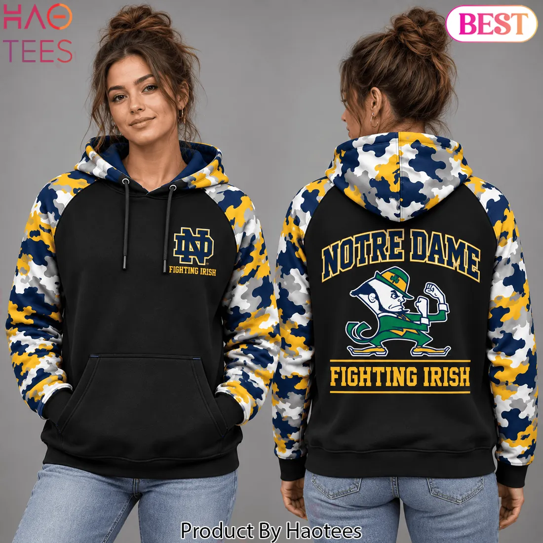 Notre Dame Fighting Irish Leprechaun Mascot Camouflage Pullover Hoodie Notre Dame Fighting Irish Leprechaun Mascot Camouflage Pullover Hoodie