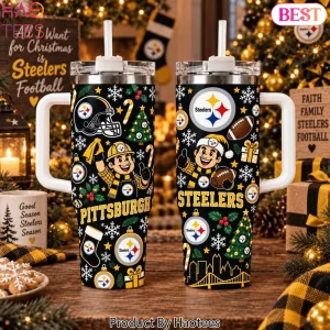 Pittsburgh Steelers Christmas Holiday Festive Stainless Steel Tumbler with Handle